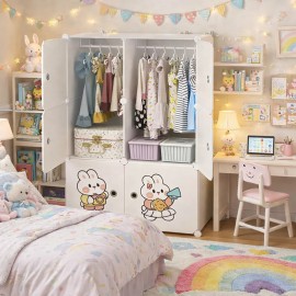 Dulap modular pentru haine copii cu usi si bara pentru umerase, organizator depozitare, model iepuras, alb 75 x 47 x 111 cm