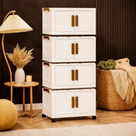 Dulap depozitare pliabil cu usi si roti, organizator multifunctional cu 3, 4 sau 5 rafturi, crem 45 cm