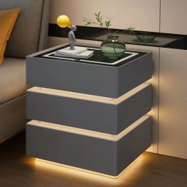 Noptiera inteligenta multifunctionala cu 3 sertare, LED tactil 3 culori, incarcare wireless, difuzor Bluetooth, incarcare USB