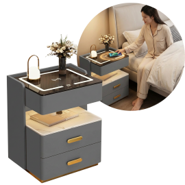 Noptiera Inteligenta Multifunctionala 50x40x56 cm | LED Tactil | Incarcare Wireless + USB | Difuzor Bluetooth