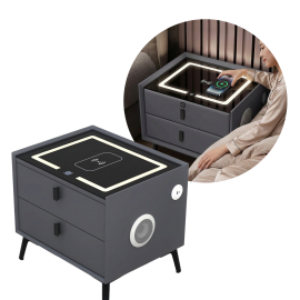 Noptiera Inteligenta Multifunctionala 50x40x45 cm |  LED Tactil 3 culori| Incarcare Wireless | Difuzor Bluetooth | Gri Inchis