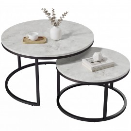 Set 2 masute rotunde de cafea cu efect de marmura, diametru 70/50 cm, blat MDF alb, cadru metalic negru