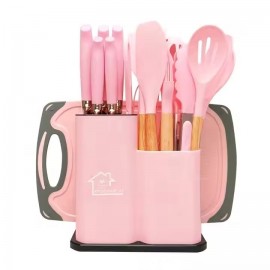 Set 19 Ustensile Bucatarie Silicon cu Suport - Manere Lemn, Rezistente 230°C